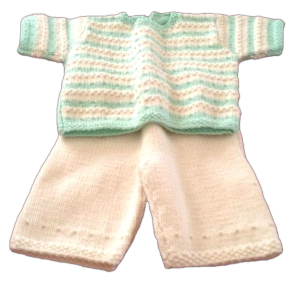 Hand Knitted Two Piece Baby Set Mint / Ivory